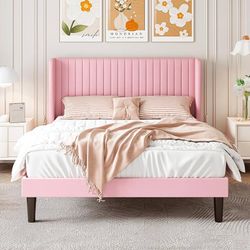 Full Size Velvet Bed Frame with Vertical Channel Tufted Wingback Headboard, Upholstered Platform Bed with Wood Slats, No Box Spring Needed, Easy Assem