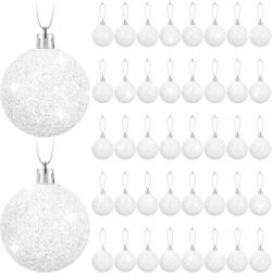BBTO 48 Pcs White Glitter Christmas Ball Ornaments Snowball Tree,2.4 Inch Mini Plastic Hanging Decor for Winter Party Wedding Supplies, Seasonal Xmas