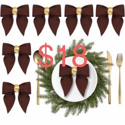 6 Set Christmas Bow Cloth Napkins and Rings 19 x 19 Inch Dark Brown Cloth Napkins Washable Reusable Fabric Napkin for Xmas Wedding Winter Holiday Dinn
