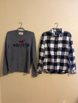 Lot of 2 Men XL Hollister Co Gray Logo Crewneck Sweater & Plaid Flannel Shirt