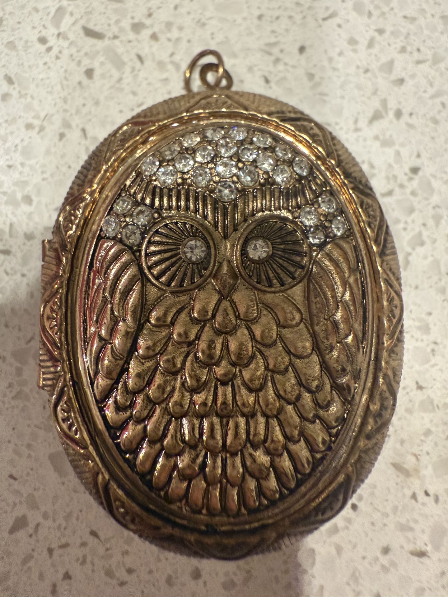 Vintage Owl Pendant Locket Gold Tone Gemstones