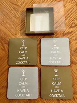 New Set of 4 "KEEP CALM and HAVE A COCKTAIL" Square Cork Back Drink Coasters