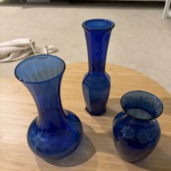 3 Blue Glass Vases