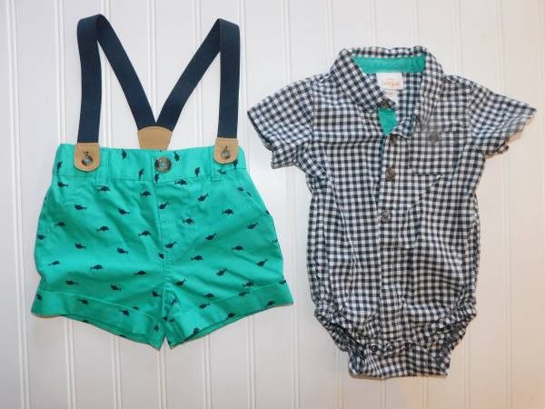 Baby Boys Clothes Cat & Jack Size 0-3 Months Summer Outfit - Shark Suspender Shorts and Button Up Bodysuit Boys Clothes