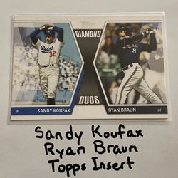 Sandy Koufax Los Angeles Dodgers Hall of Fame Pitcher Ryan Braun Milwaukee Brewers All-Star Outfielder Topps Short Print Insert Card.
