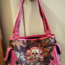 Shiny pink & camouflage purse with rhinestone skull & crossbones