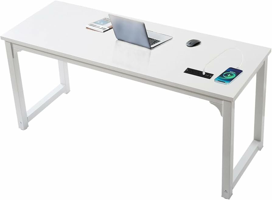 New Large Computer Desk - 63 Inch Home Office Desks Study Student Writing Table Gaming Desk Wood Modern Simple Table W/ USB Ports, White