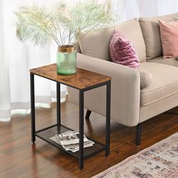 Side Table, Narrow Small End Table with Mesh Shelf, Nightstand, Living Room, Bedroom, Kitchen, Metal, Industrial Design, Rustic Brown ULET32BX