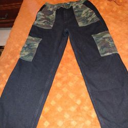 Fashionova Cargo Jeans In Black & Camo Size 15 None Stretch Brand New Womens