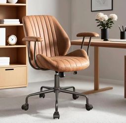 Ergonomic Office Chair Mid-Back Modern Computer Chair, Brown
with Padded Armrest, Mid-Century Modern Comfortable Swivel Rolling Executive Chair, Faux 