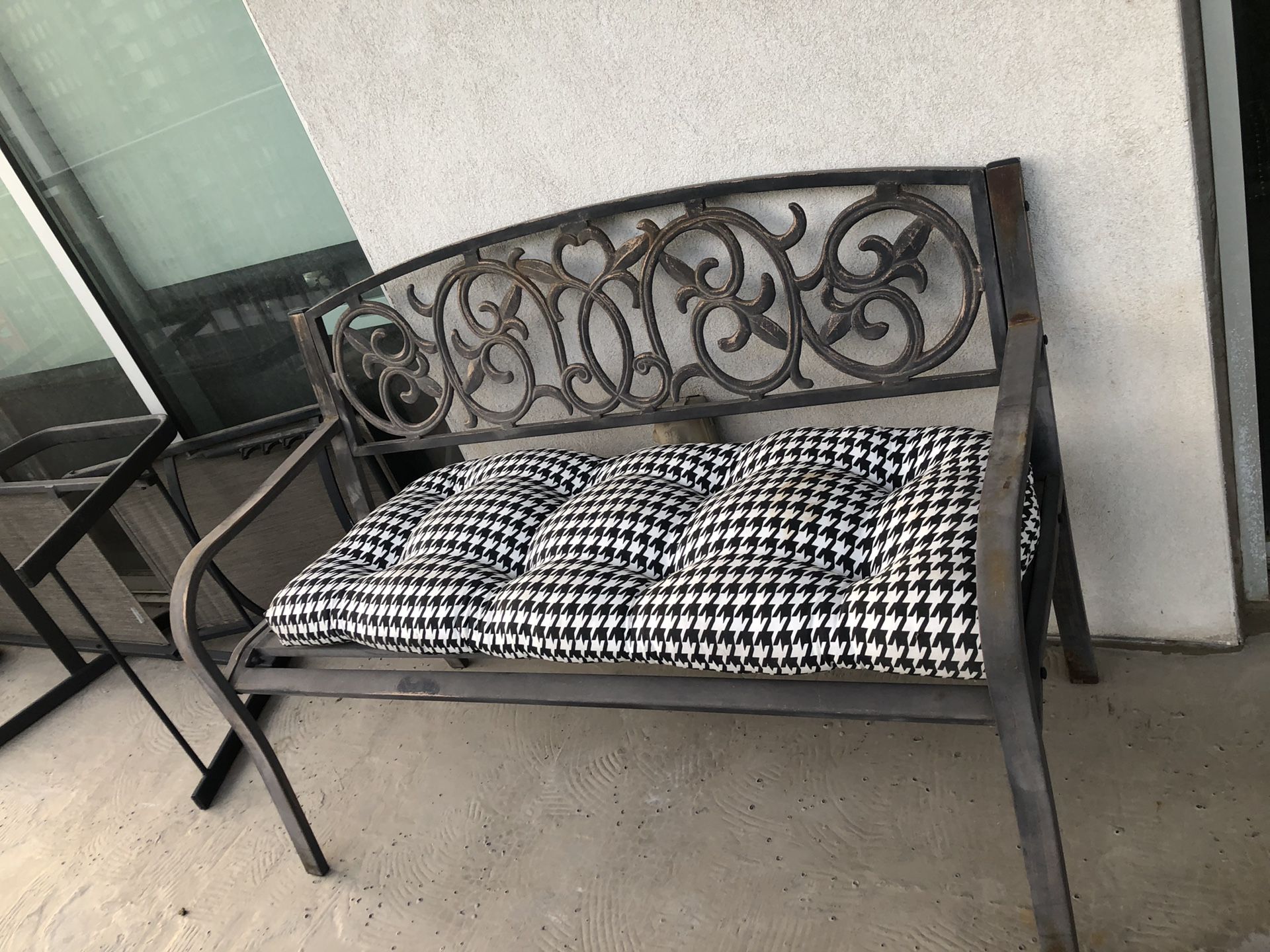 Patio furniture bench and chair with seat cushion pads