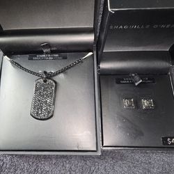 Shaquille O Neal Men S Simulated Diamond Black Plated Stainless Steel Tag Necklace  24  Chain and Earrings Set