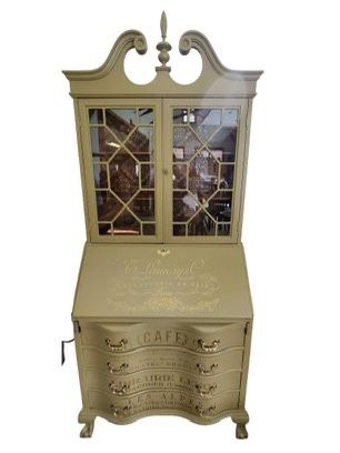 Vintage Repainted & Stenciled Broyhill Genuine Mahogany Serpentine Secretary Drop Leaf Desk/Hutch-
