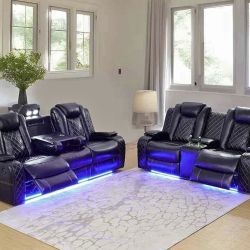 Power Electric Black Leather Fully Reclining Couch Set