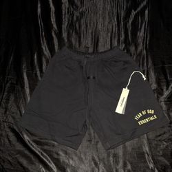 Fear Of God Essentials Soccer Fleece Shorts, Black W/ Gold Lettering, Size Medium