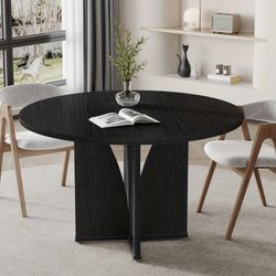 XK00756 39.37-Inch Round Dining Table for 4 People, Farmhouse Kitchen Dinner Table with Wooden Tabletop and Legs, Space-Saving Dining Furniture for Ki