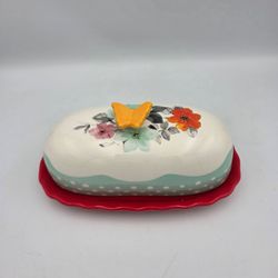 Pioneer Woman Floral Butter Dish w/ Yellow Butterfly Handle & Red Base