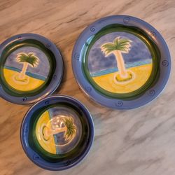 Baum Bros Style Eyes Palm Tree Beach Dinnerware 15 Pcs Plates Bowls 