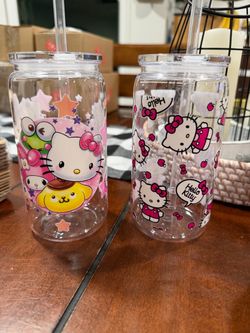 Hello Kitty Glass Can Cups with Lids and Straws