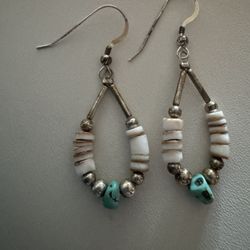 Vintage 1980's Native American Sterling, Turquoise & Shell  Dangle 3" Earrings