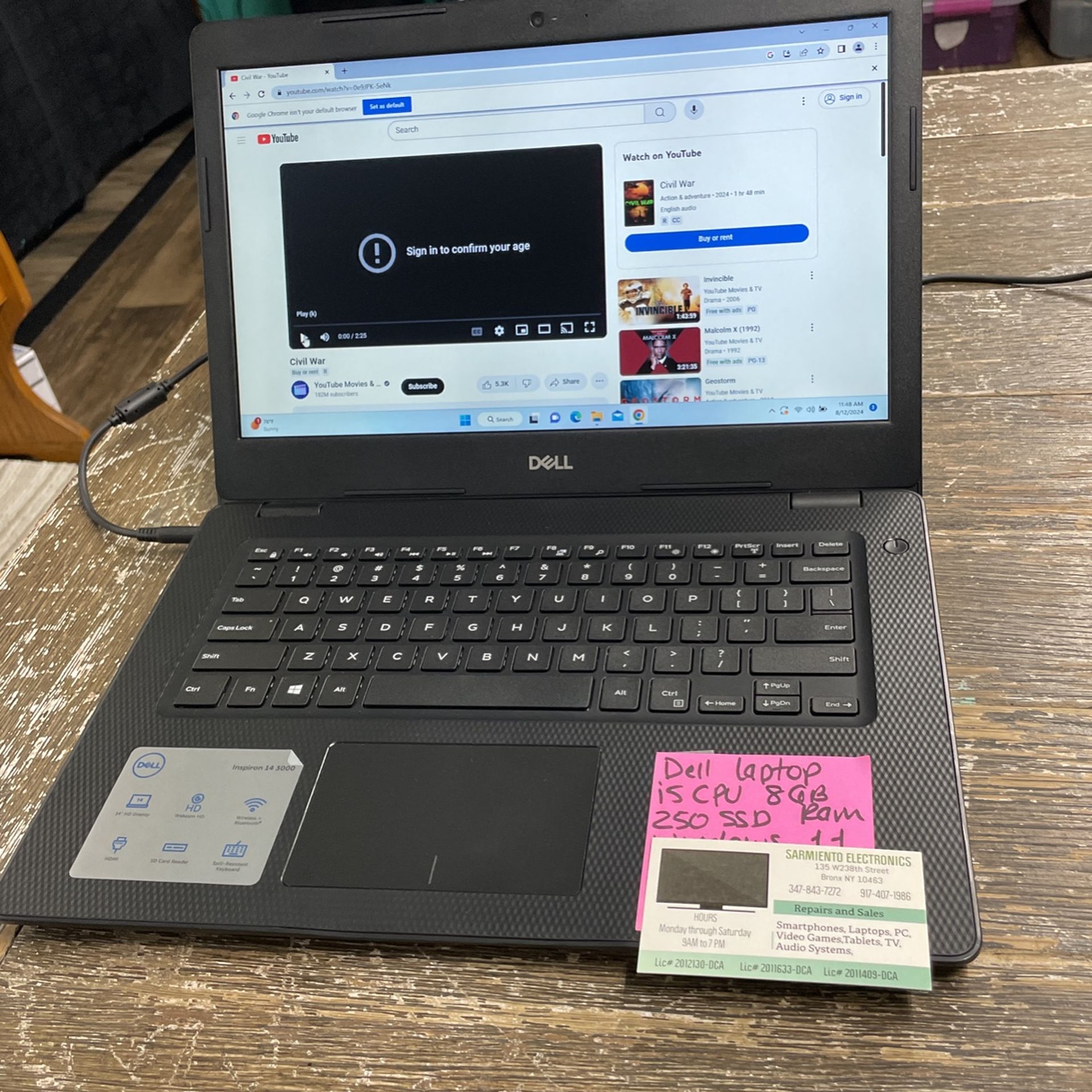 Dell Laptop 14” i5 8gb 250gb Win 11 $300