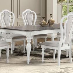 Brand New White 7 Piece Dining Set Farmhouse Rustic With Leaf Up To 91 Inches 4 Chairs And 2 Armchairs
