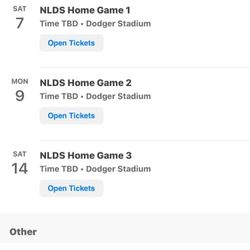  NLDS    Dodgers Play Off Tickets  BL Row 5 .....$1,800 For 2 Tickets.