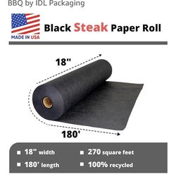 Black Butcher Paper Roll, 18" x 2160” (180 feet), Unwaxed & Food Grade, IDL Packaging