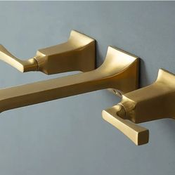 5489: Bathroom Wall Faucet, Heavy Duty, Brass Constructed Wall Mount Faucet with Metal Lever Handles, Rough in Valve Included (Brushed Gold)
