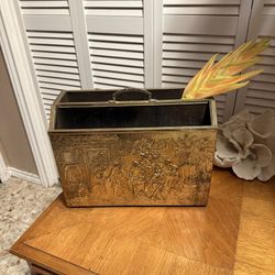 Vintage Brass & Wooden Magazine Holder * Records * Files