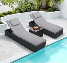 Brand New 3-Piece Patio Rattan Wicker Chaise Lounge Furniture Set