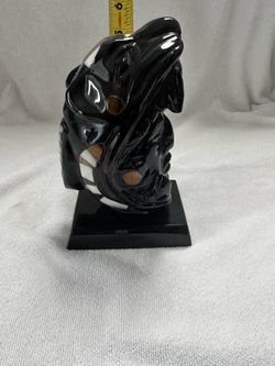 Mexican Aztec Jaguar Warrior Bust, Black Obsidian-Style Stone Sculpture