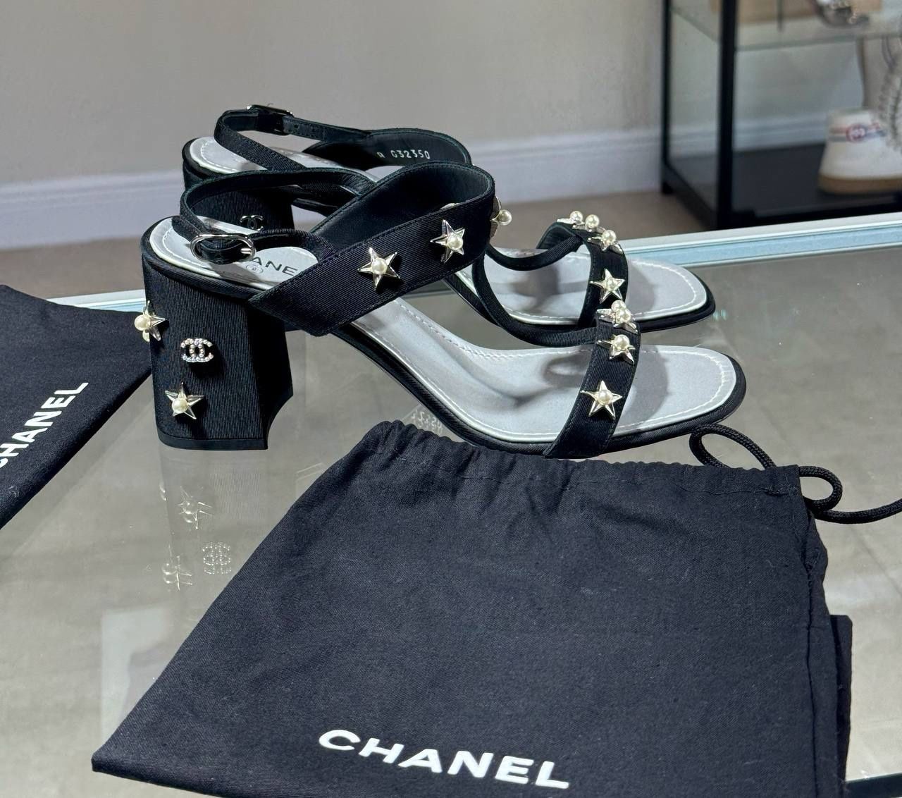 NEW Chanel Black Fabric Leather Pearl Block Heel Star Sandals Shoes - 39