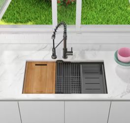 Glacier Bay 33 in. Drop-In Single Bowl 18-Gauge Gunmetal Stainless Steel Workstation Kitchen Sink with Accessories and Faucet