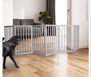 New Real Wood Brand New sealed in box! Color: Gray Made with all real wood! ZJSF Freestanding Indoor Dog Gate for House Foldable Wood Grey Dog Gate fo
