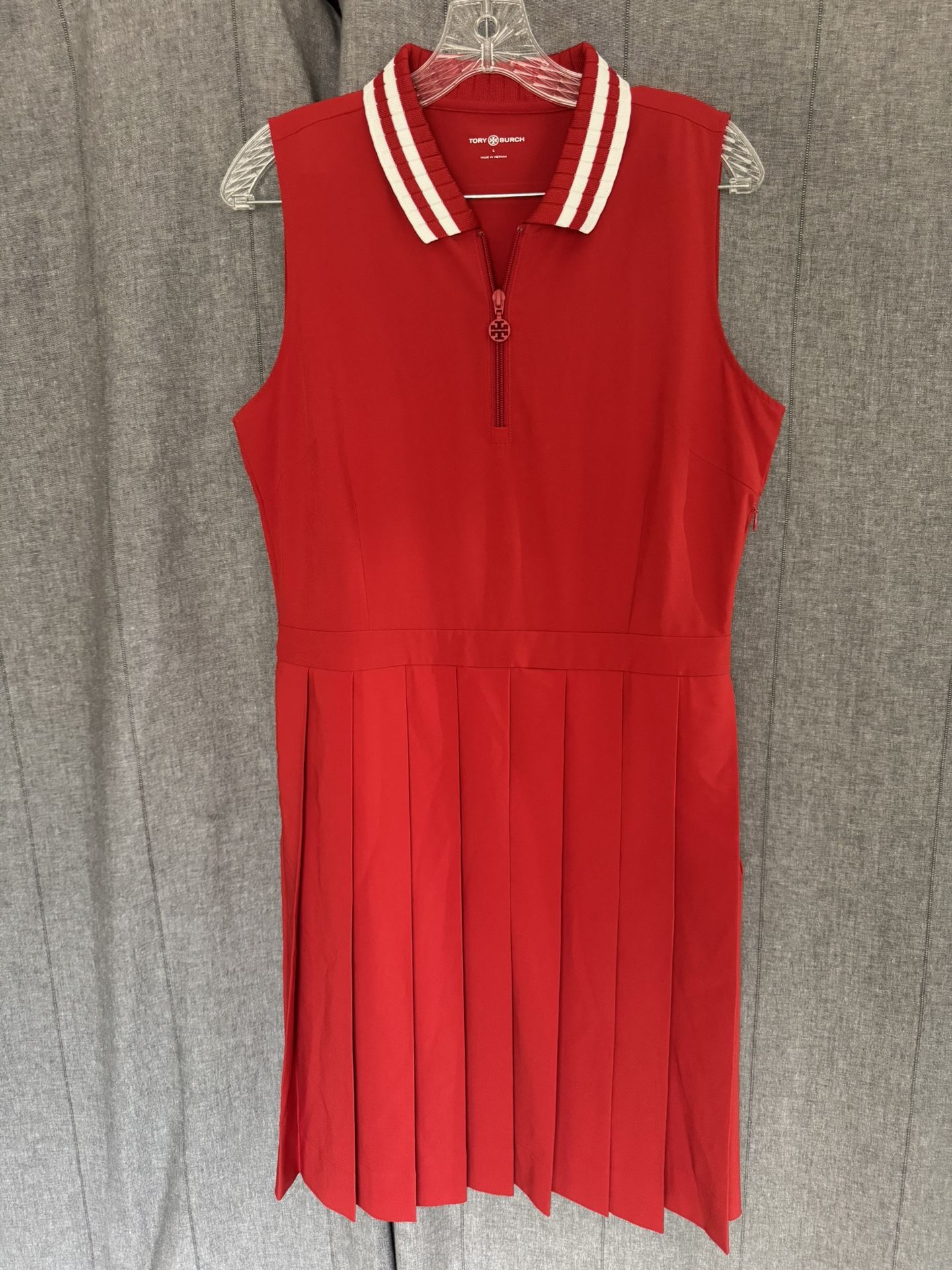 TORY BURCH Sport Red And White Zip Collar Performance Pleated Golf Dress L = 12