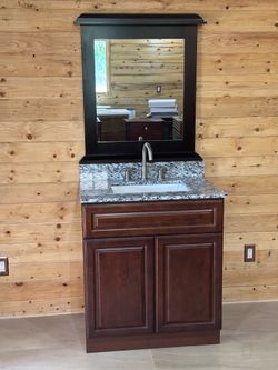 Brand New Cherry Wood Bathroom Vanity with Granite Top & Mirror – 30.5”