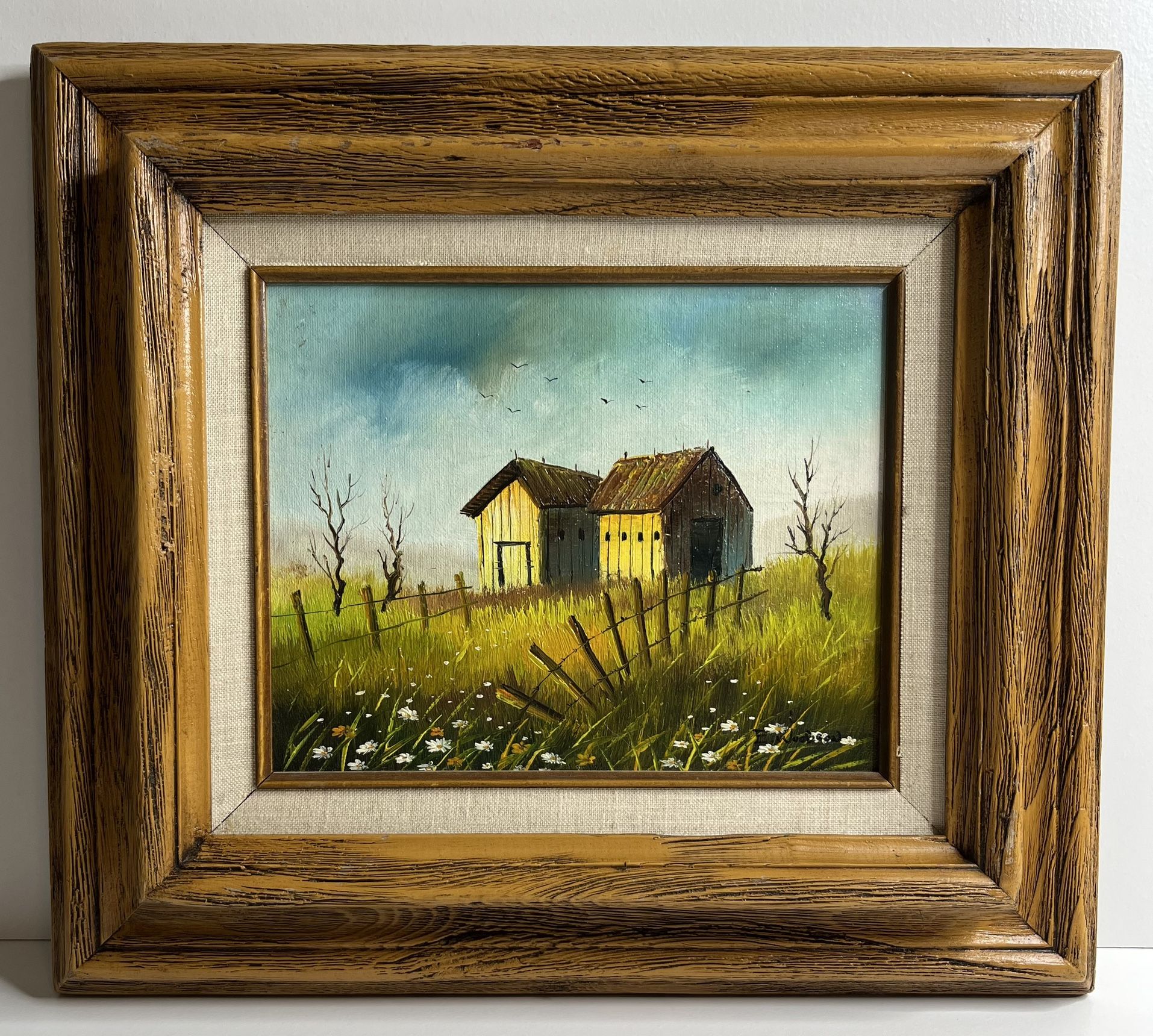 VTG Signed E. Woodson Framed Oil Painting Country Barn Fields Landscape