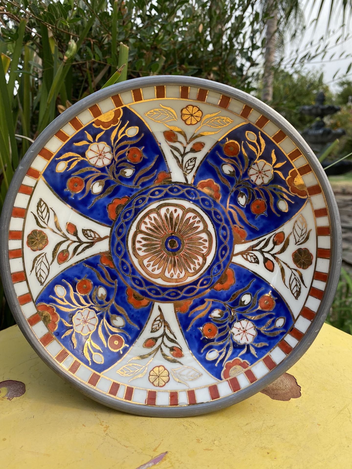 Vintage Neiman Marcus Pewter Clad Hand Painted Bowl
