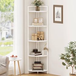 Rustic Tall Corner Shelf, 5 Tier Industrial Corner Bookshelf for Living Room, Oak Wood and Metal Corner Plant Stand for Home Office