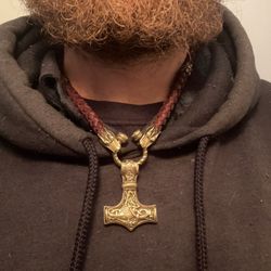 Brass Thor’s Hammer Necklace, Viking Mjolnir Pendant, Norse Rune Necklace With Wolf Heads, Pendant Viking Jewelry