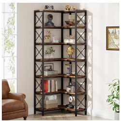 7 Shelf Corner Bookcase, Industrial Large Corner Bookshelf, 7-Tier Tall Corner Shelf Storage Display Rack with Metal Frame for Living Room Home Office