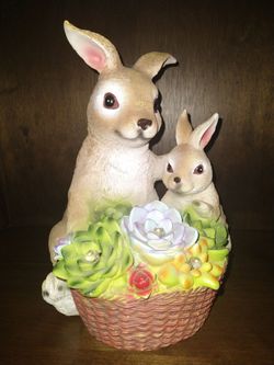 Indoor/Outdoor Resin Statue Bunnies & flower basket