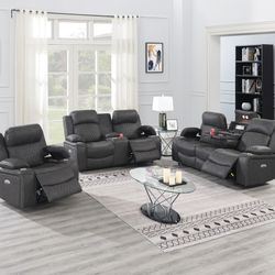 Gray Power Recliner Sofa Set With Console And USB Port 