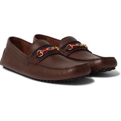 Gucci Men's Driver Loafers Moccasin with Web Stripe and Horsebit Leather Brown