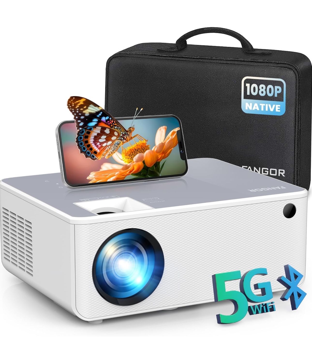 Fangor F 506 Pro 1080p HD Projector Bundle With Case WiFi Bluetooth Movie Tripod