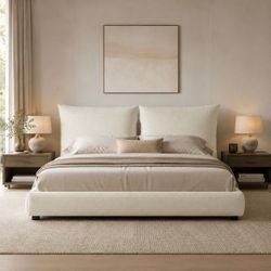 Ivory Chenille Upholstered King Sized Platform Bed w/ Shape-Adaptive Padded Headboard [NEW] **Assembly Req (MATTRESS NOT INCLUDED) <Retails for $1949>