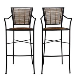 Two Crate & Barrel Counter Height Bamboo And Iron Barstools