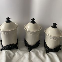 Chris Madden JC Penney Corvella Stoneware Canister Set Of 3 Ivory RETIRED Vintage