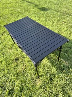 Portable Folding Roll-Top Camping Table – Black Aluminum Outdoor Table
